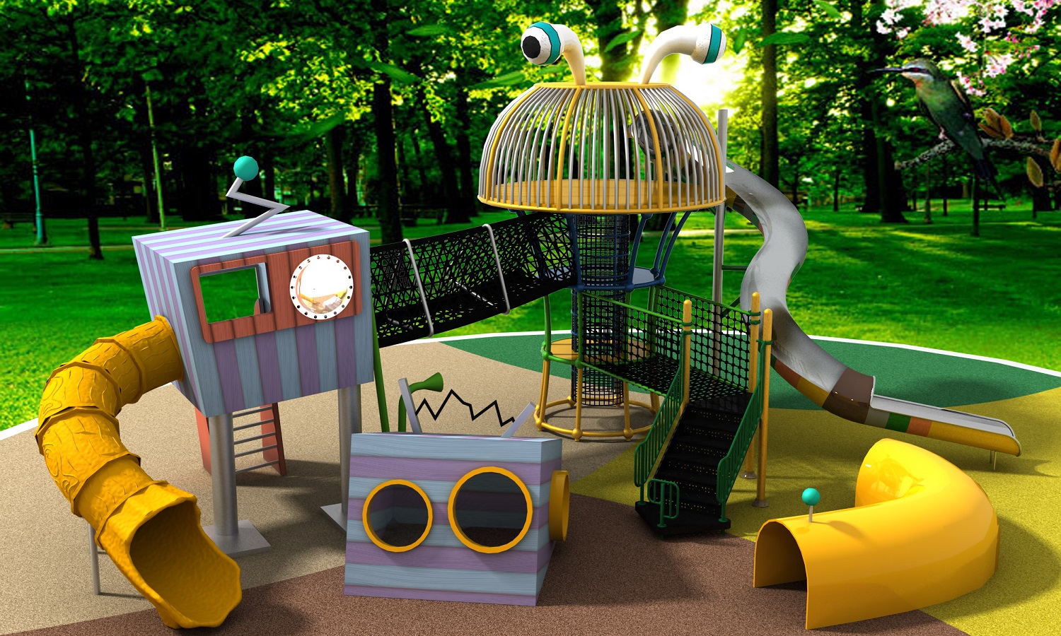 现代蹒跚学步户外木制和金属玩具与幻灯片，隧道